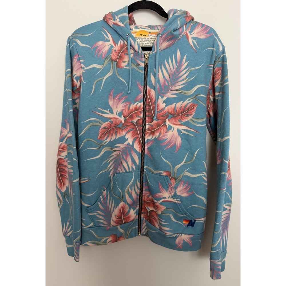 Aviator Nation Kauai Palm Zip Up Hoodie Blue Size Medium